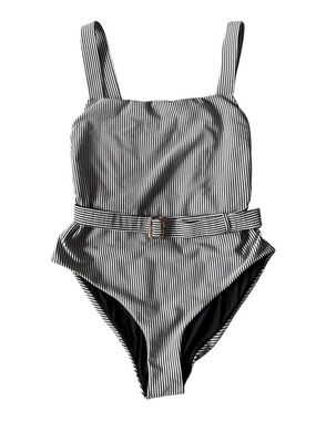 Black & White Striped Belted One-Piece Swimsuit